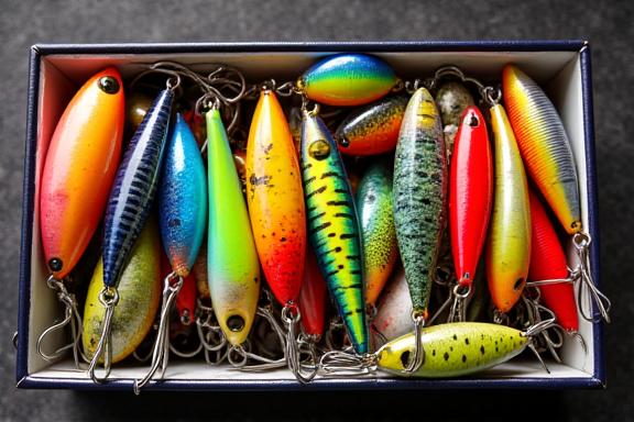 色とりどりの釣りのルアーが箱に並べられている