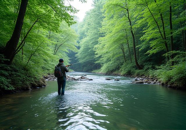奥多摩の美しい渓流でフライフィッシングをする人